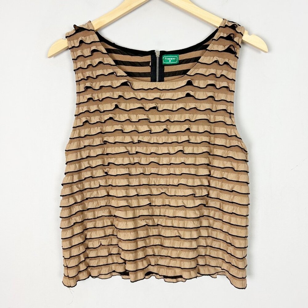 Y2K Tan & Black Tiered Ruffle Tank Top Boho Coquette Size Medium‎